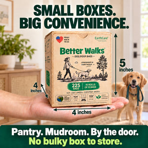 Female hand holding a Better Walks dog bags box with 4 by 4 by 5 inch measurements, in a home with a dog carrying a leash.