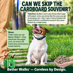 Terrier beside a pet parent with speech bubbles explaining why dog bags leave no paper core after a roll is finished.
