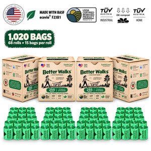 Better Walks dog poop bags 1,020 bag pack with four compact boxes and 68 green rolls.