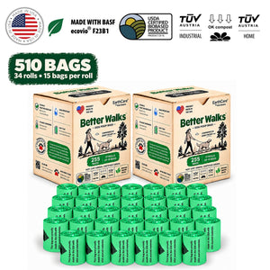 Better Walks dog poop bags 510 bag pack showing two kraft boxes and 34 green rolls.