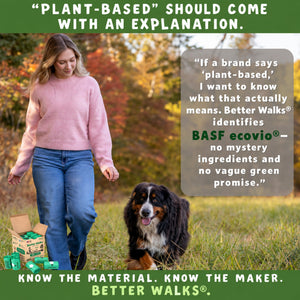 Woman walking a black and tan dog in autumn. The message names ecovio and asks for clear material disclosure on dog waste bags.