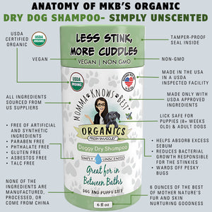 Dry dog shampoo features unscented by Momma Knows Best