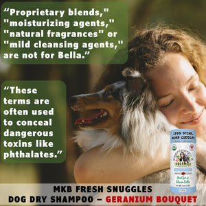 Woman hugging Collie with Momma Knows Best USDA Organic dry shampoo