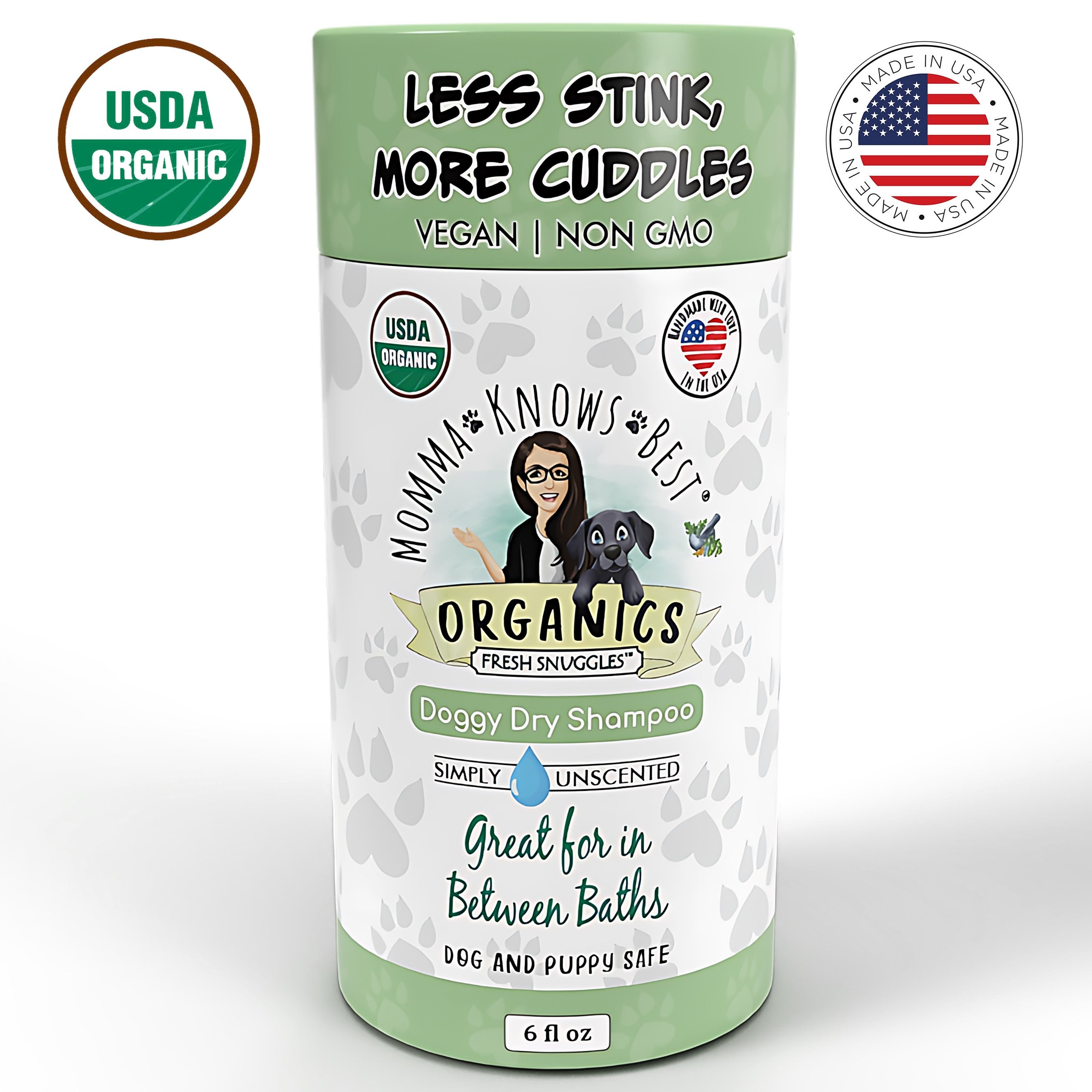 Dry pet shampoo for dogs by Momma Knows Best Unscented
