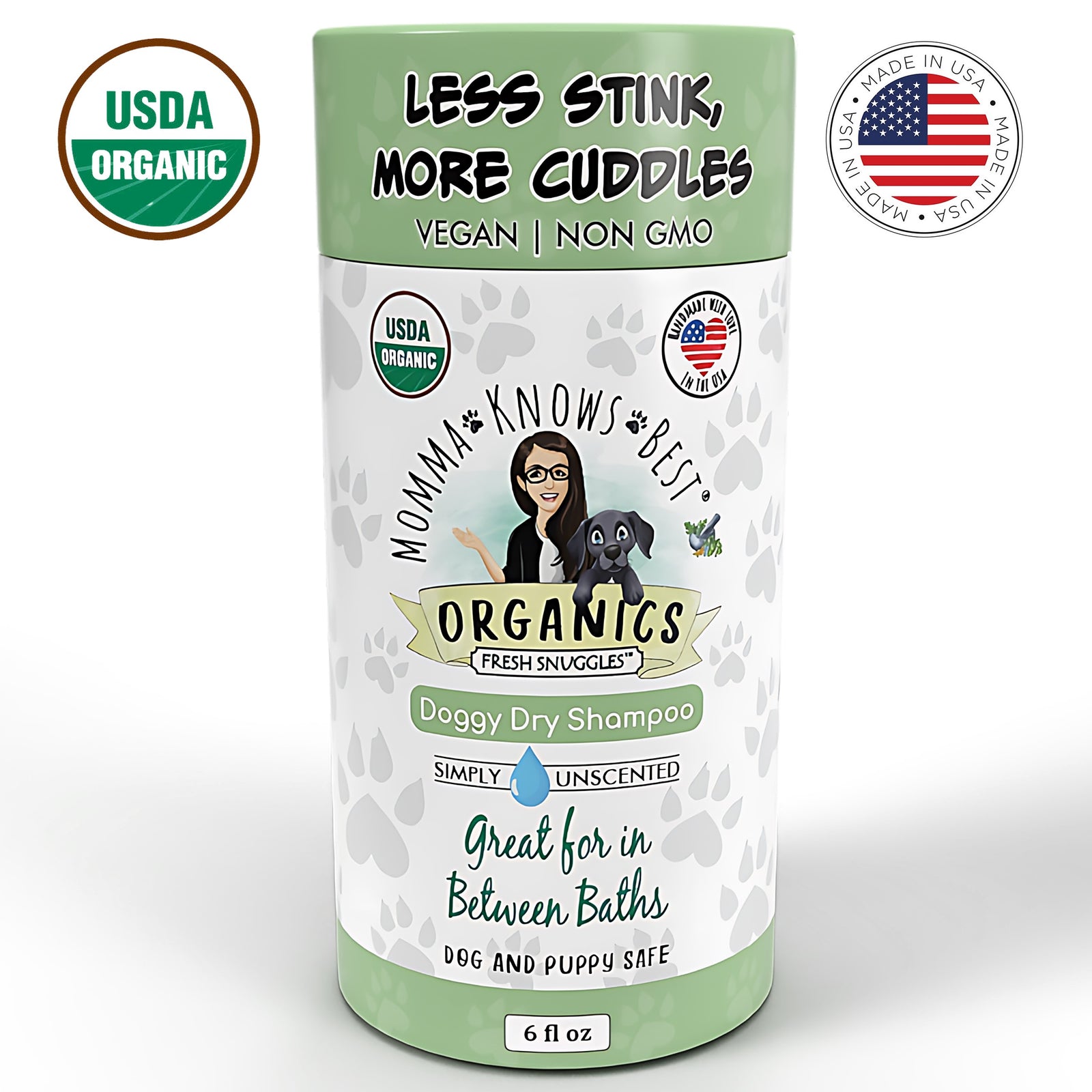 Dry pet shampoo for dogs by Momma Knows Best Unscented