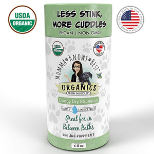 Dry pet shampoo for dogs by Momma Knows Best Unscented
