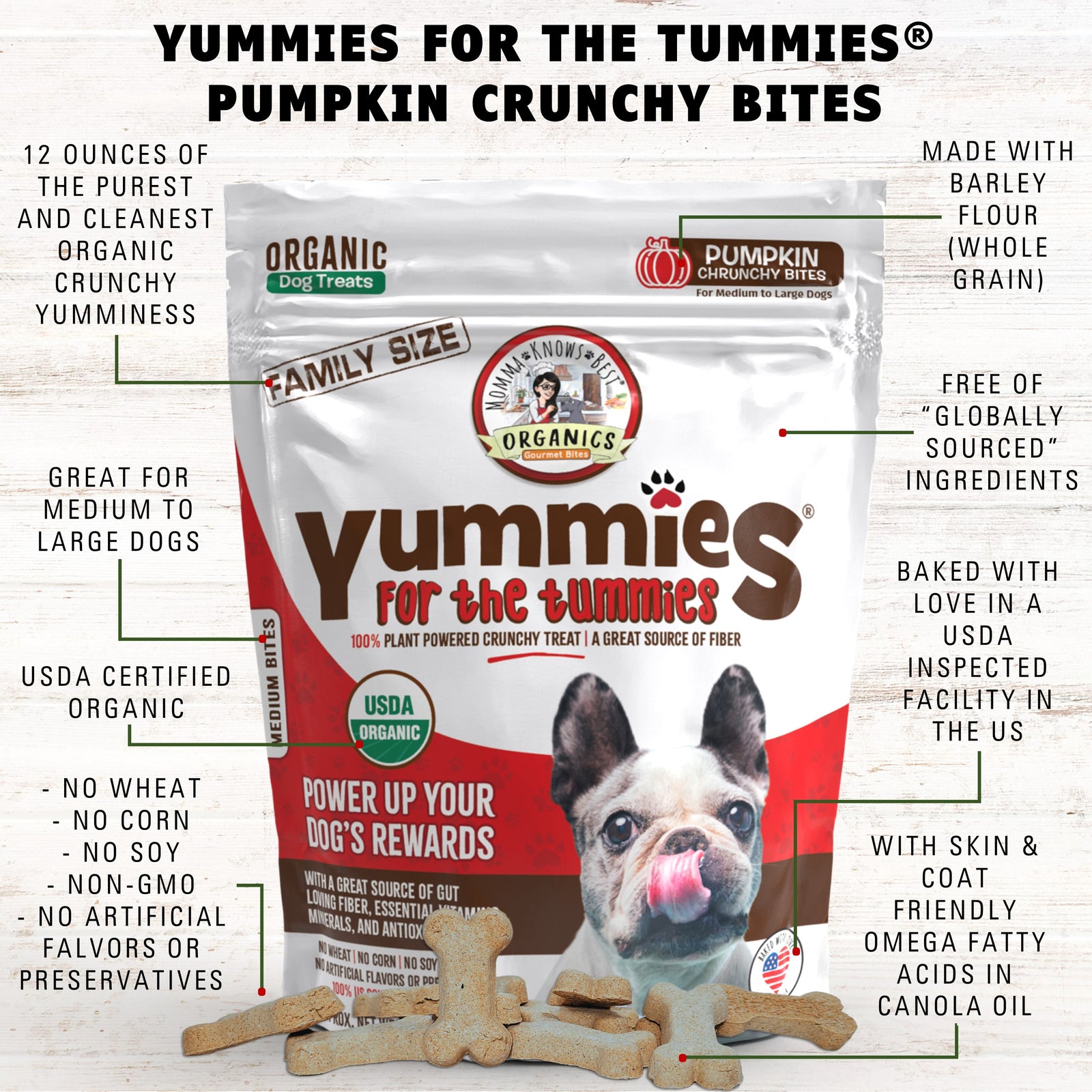 A bag of pumpkin dog treats for training Yummies for the Tummies by Momma Knows Best