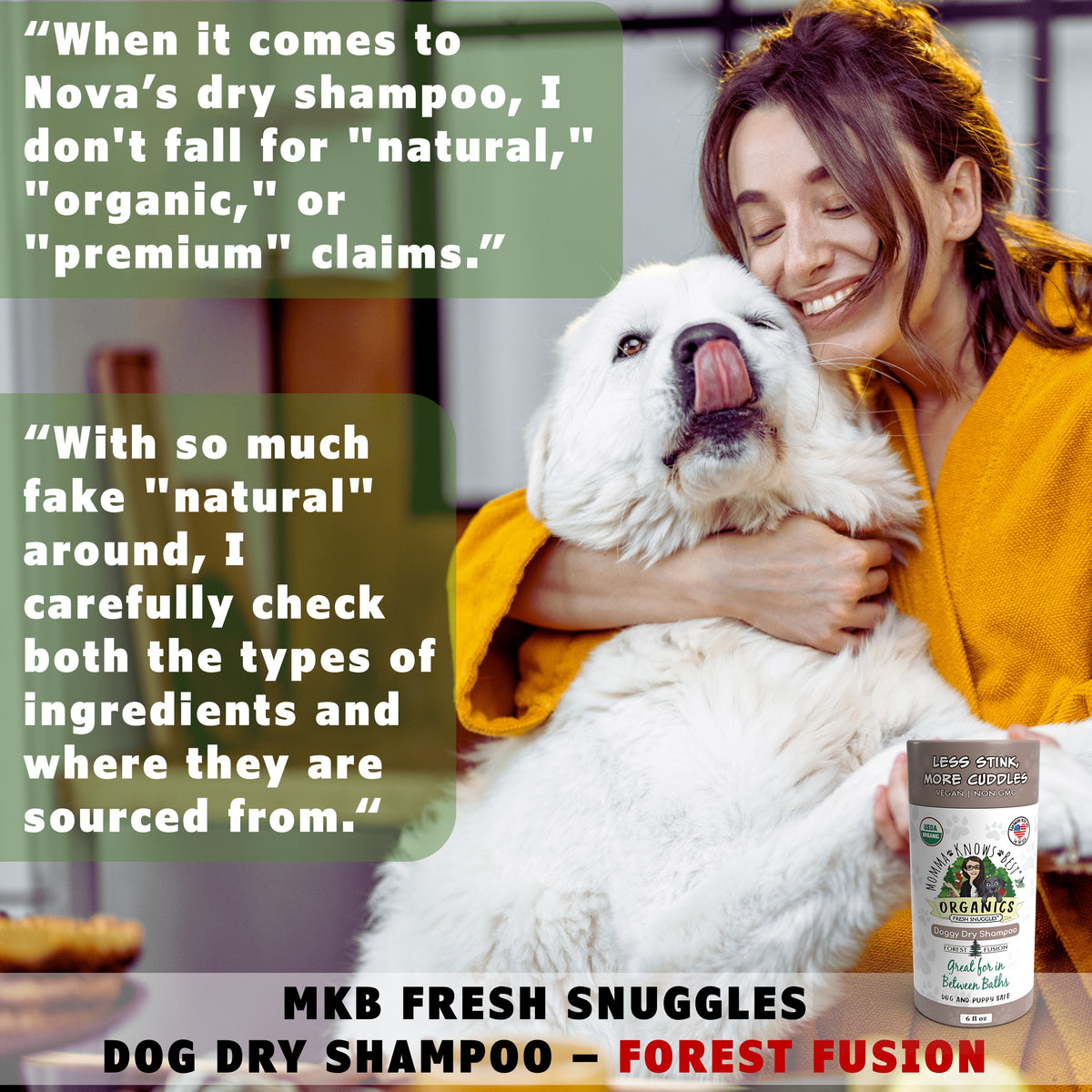 Woman hugging white dog with Momma Knows Best USDA Organic dry shampoo
