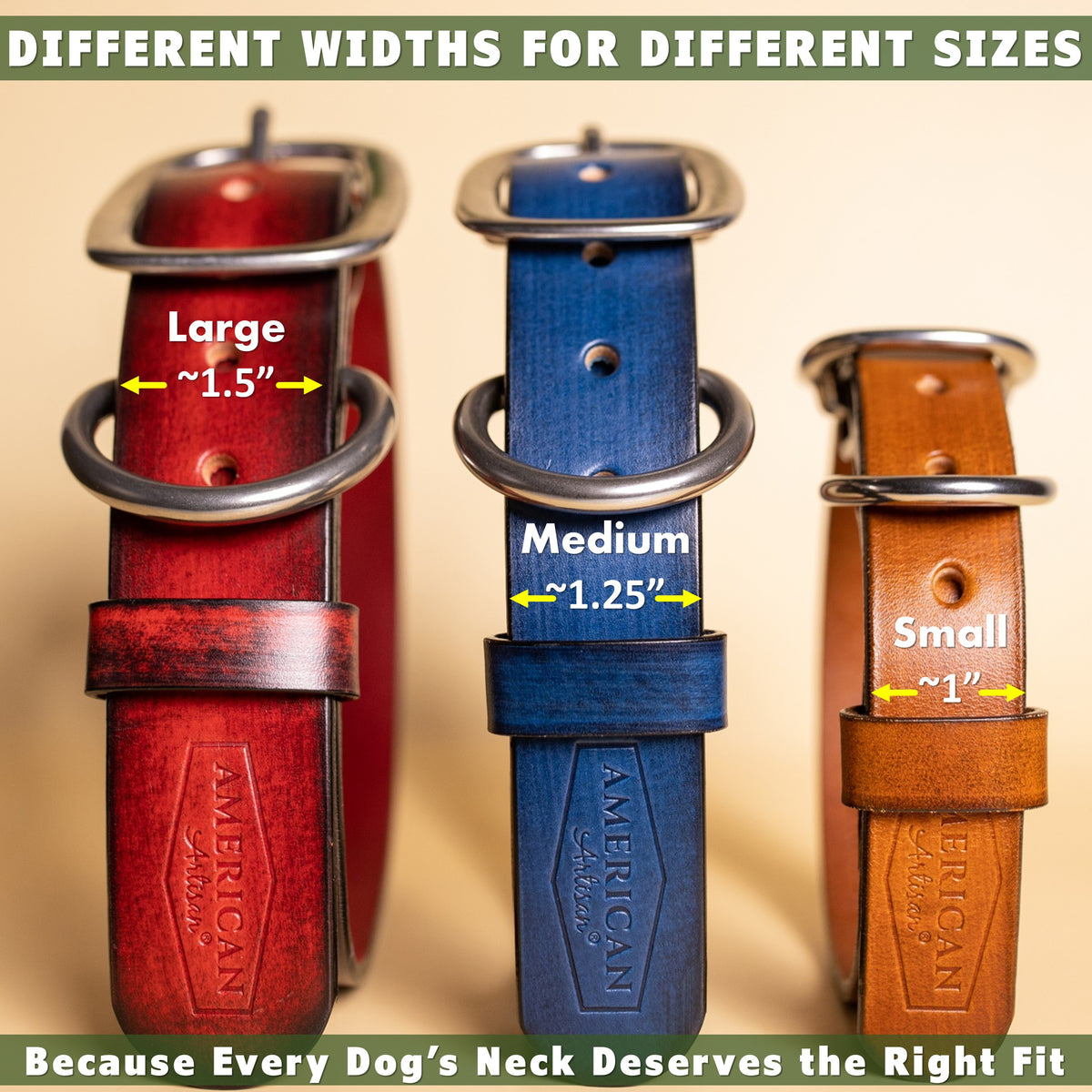 US made leather dog collars widths