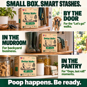 Better Walks dog bags boxes stored by the door, in the mudroom and in the pantry, with reasons to keep a ready stash in each location.