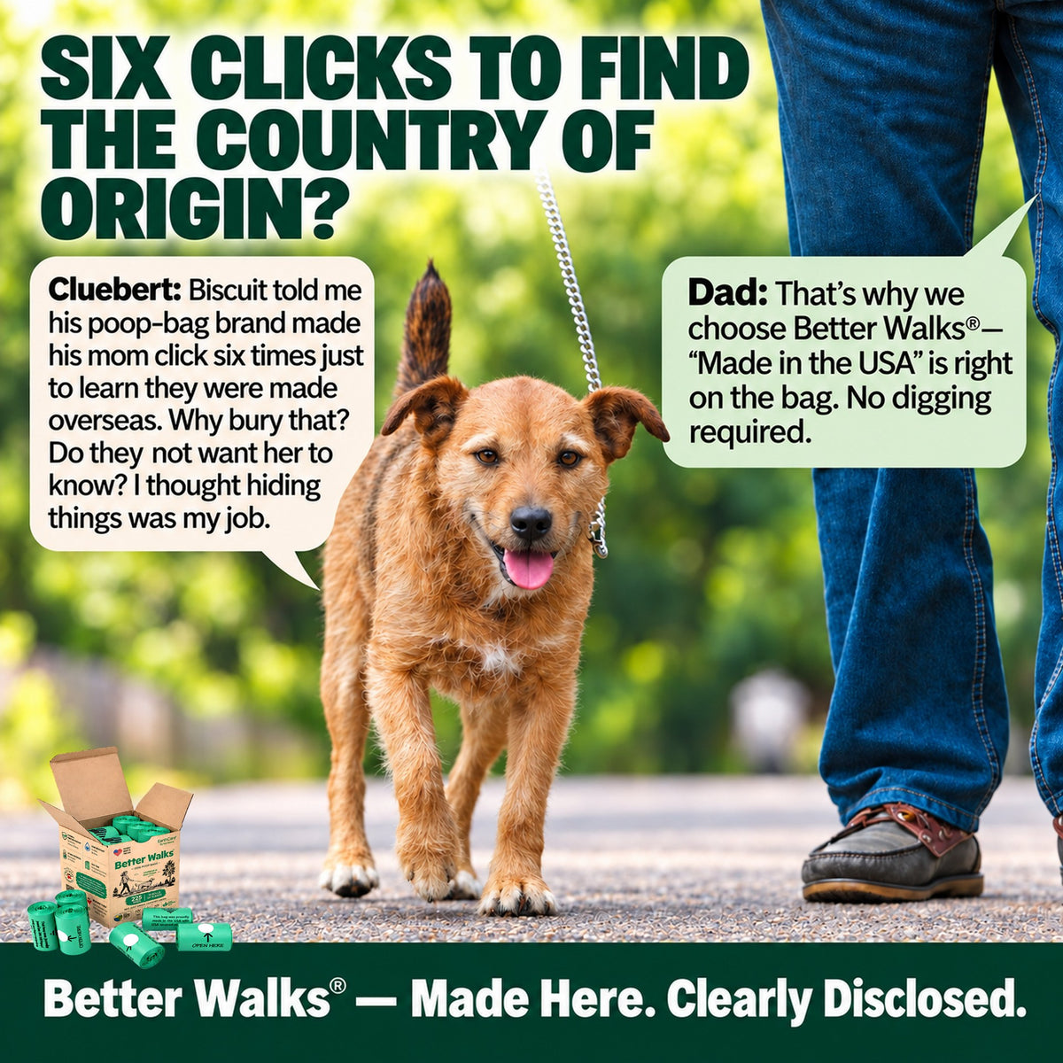 Brown dog walking beside a person in jeans. Speech bubbles highlight visible Made in the USA labeling on dog bags.
