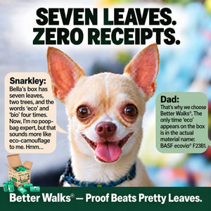 Chihuahua portrait with speech bubbles contrasting decorative leaf imagery on dog bags packaging with disclosure of the actual material.