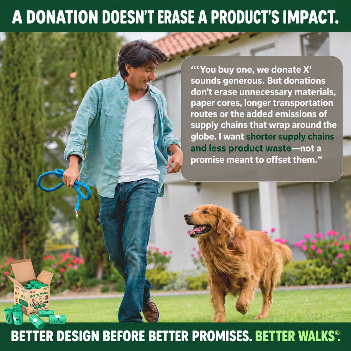 Man walking a golden retriever beside a message about paper core waste and shipping impacts that product donations do not remove.