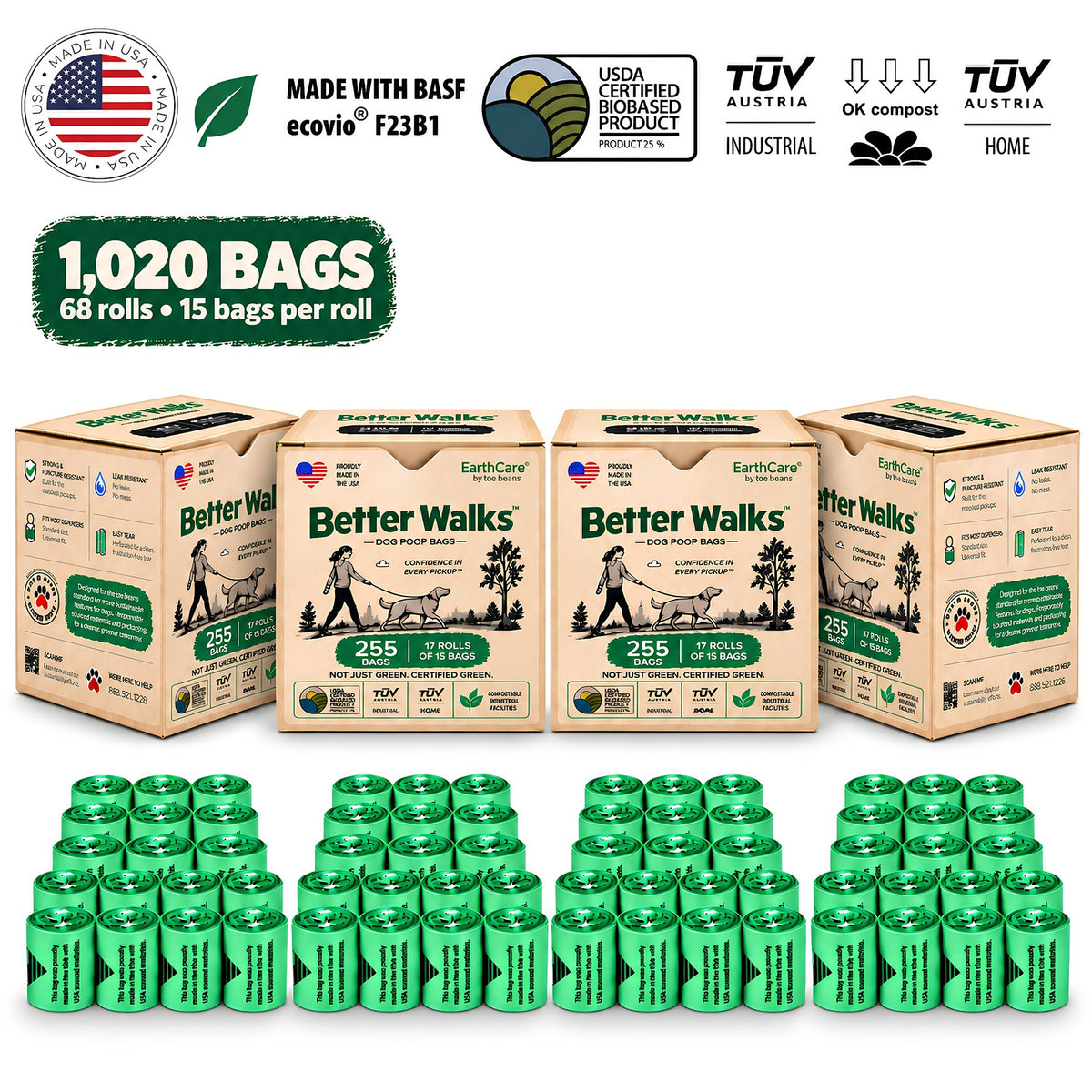 Better Walks dog poop bags 1,020 bag pack with four compact boxes and 68 green rolls.