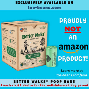 Better Walks dog poop bags box and green roll on a dark background, with a slide message about exclusive availability on toe-beans.sbs.