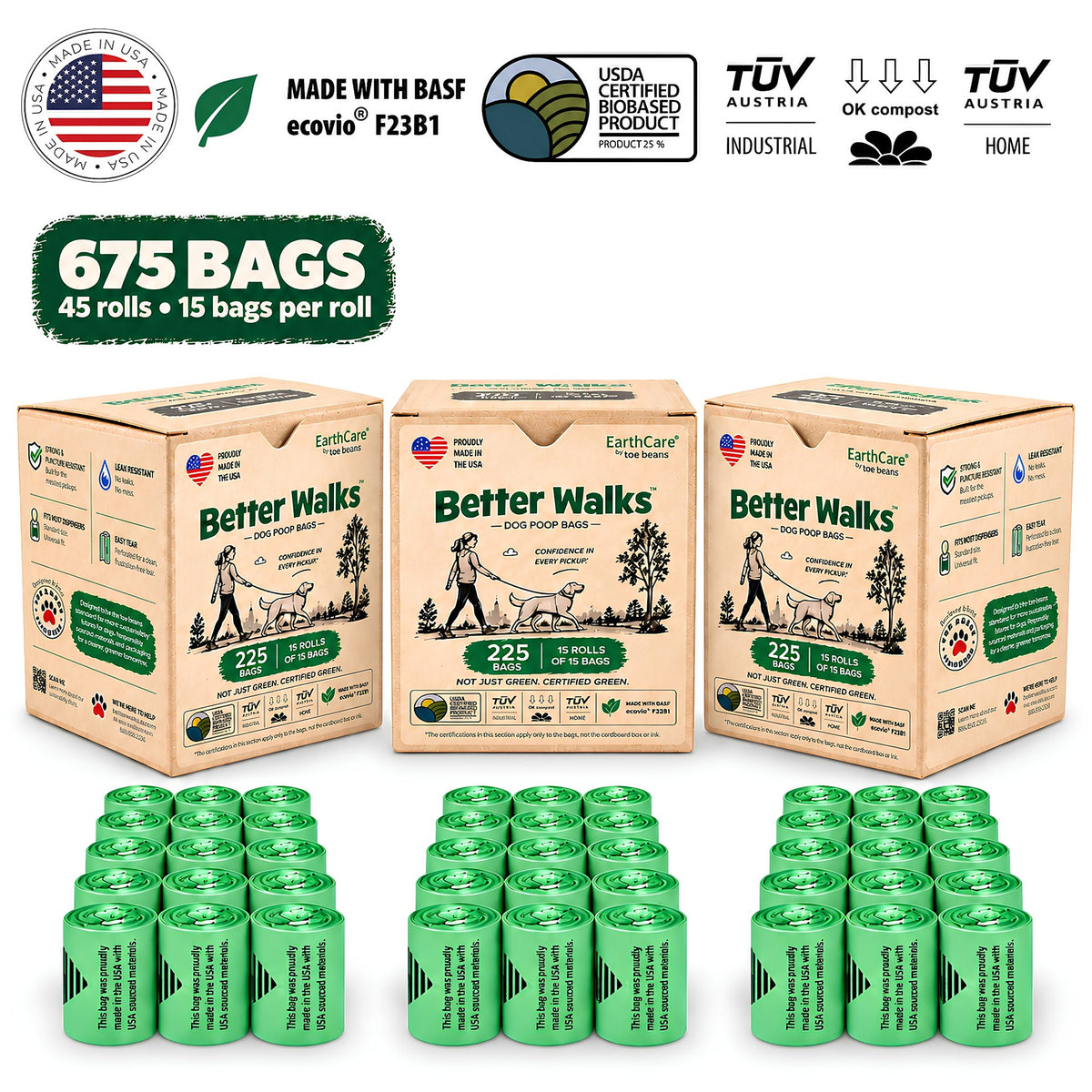 Better Walks dog poop bags 675 bag pack with three compact boxes and 45 green rolls.