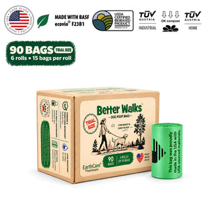 Better Walks dog poop bags trial pack with one kraft box, a green roll, 90 bags and 6 rolls of 15 bags.