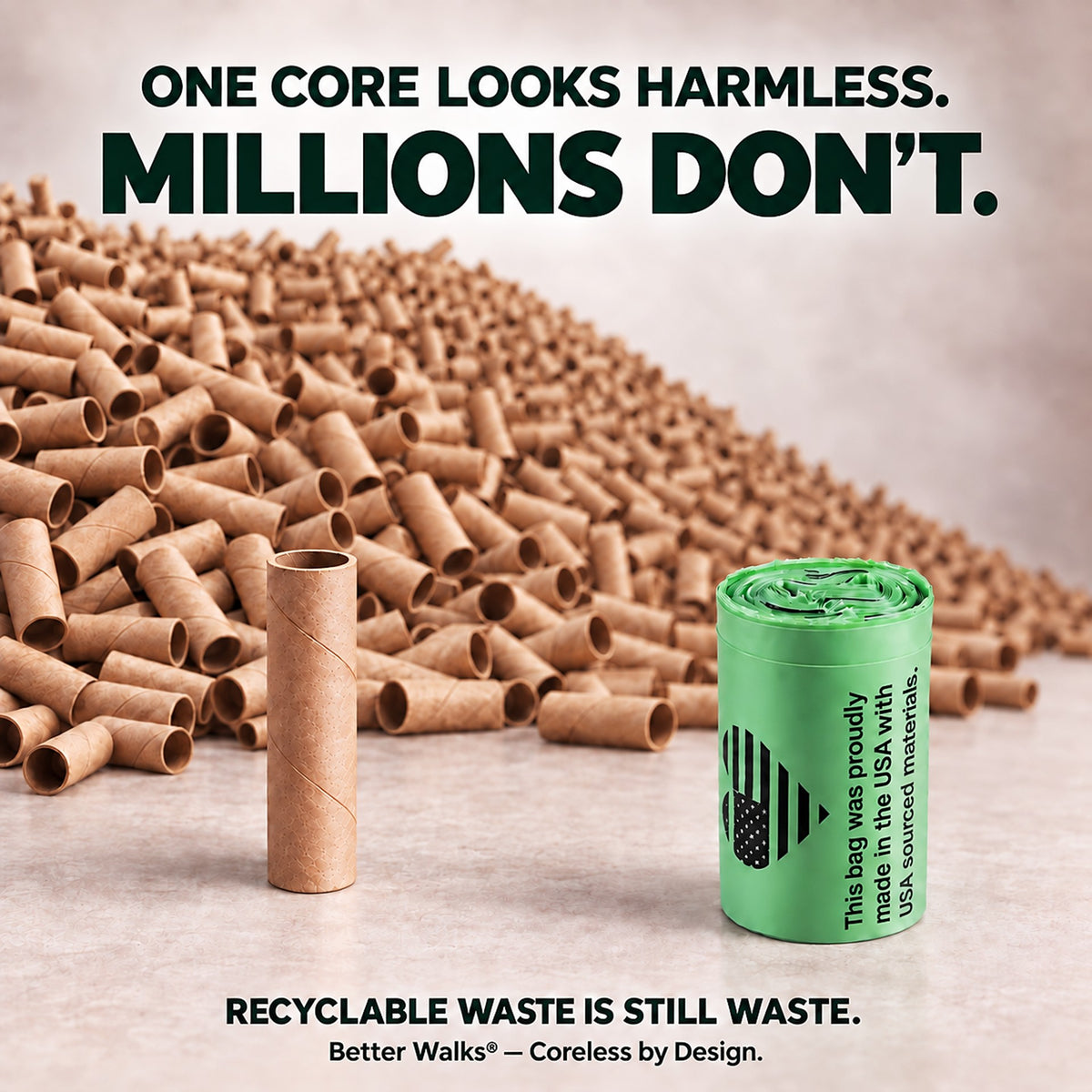 Large pile of cardboard roll cores beside a single core and dog poop bags roll, highlighting accumulated paper core waste.