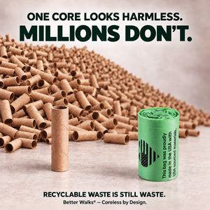 Large pile of cardboard roll cores beside a single core and dog poop bags roll, highlighting accumulated paper core waste.