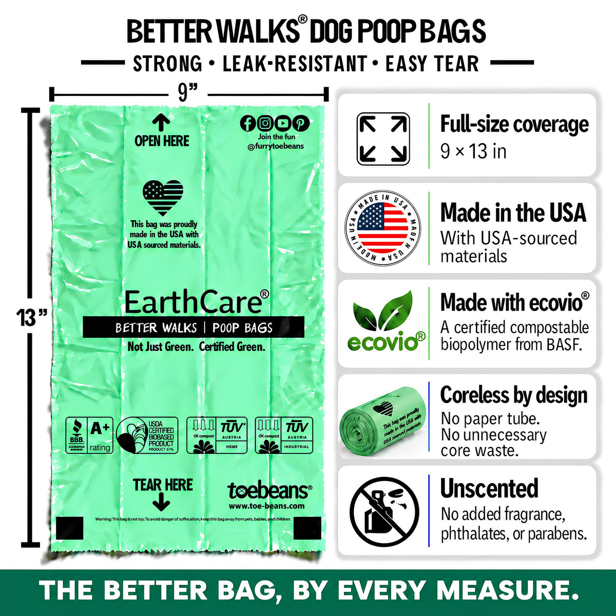 Better Walks dog waste bags diagram showing 9 by 13 inch dimensions, USA origin, named ecovio material, coreless rolls and unscented bags.