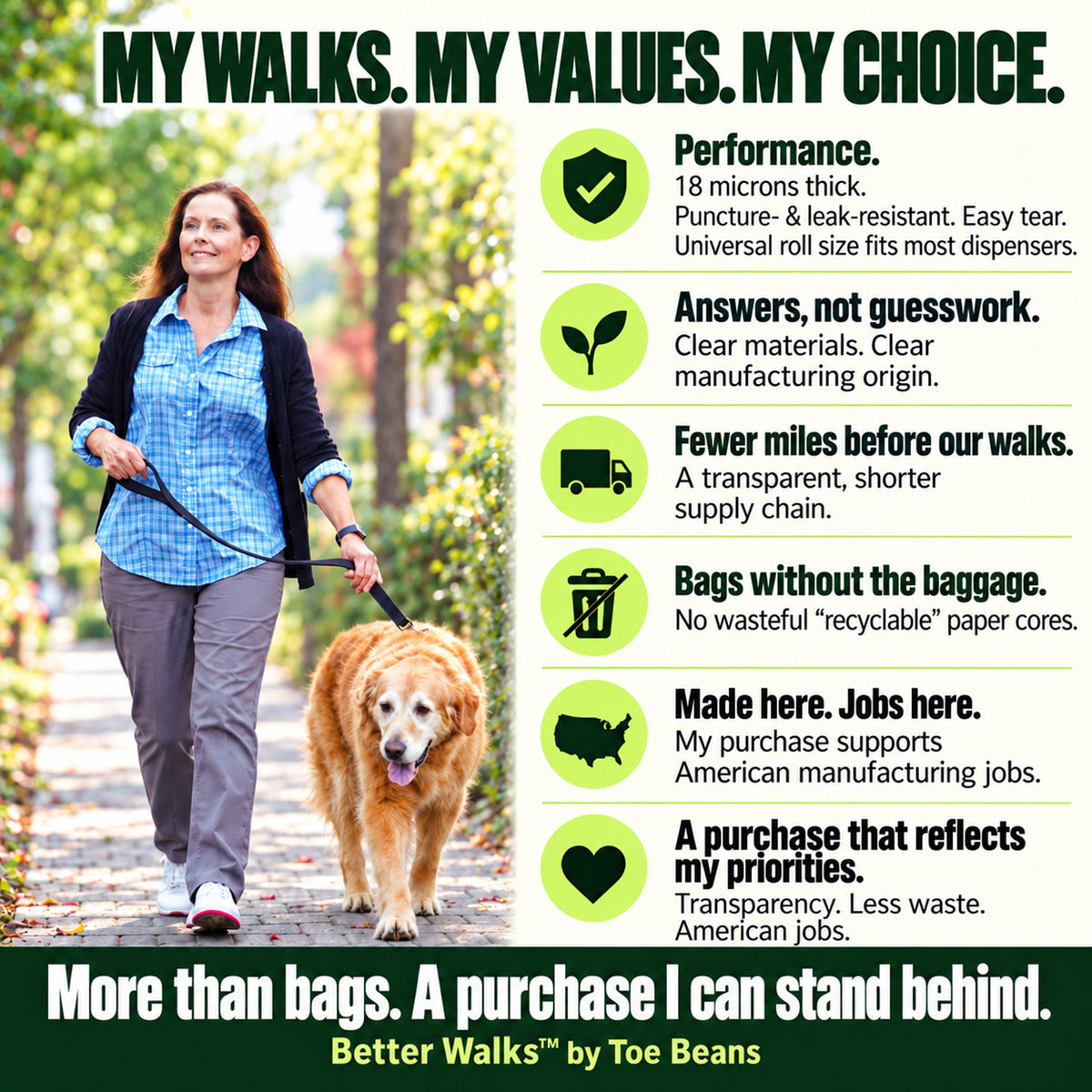 Woman walking an older golden retriever beside six Better Walks dog waste bags benefits: performance, materials transparency, shorter supply chain, coreless design, American jobs and personal values.