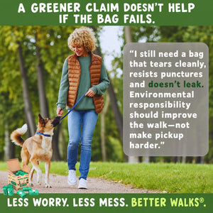 Woman walking a dog in a park. The accompanying message prioritizes clean tearing, puncture resistance and leak resistance when choosing dog waste bags.