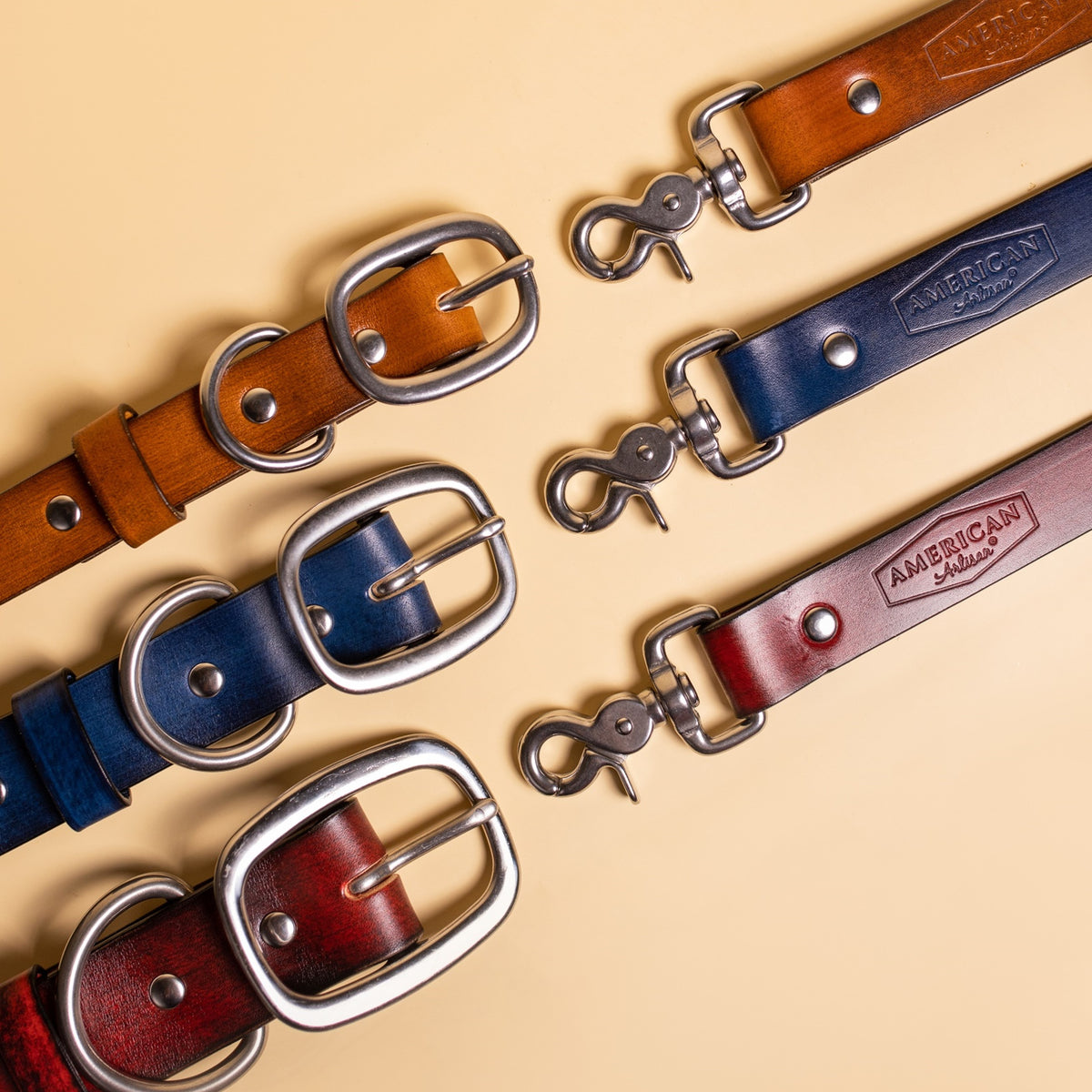 veg tanned Full grain leather dog collars and leashes made in the USA by toe beans