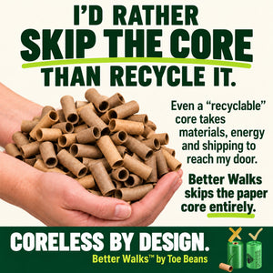 Cupped hands holding many small paper roll cores beside a poop bags message about skipping cores instead of recycling them.