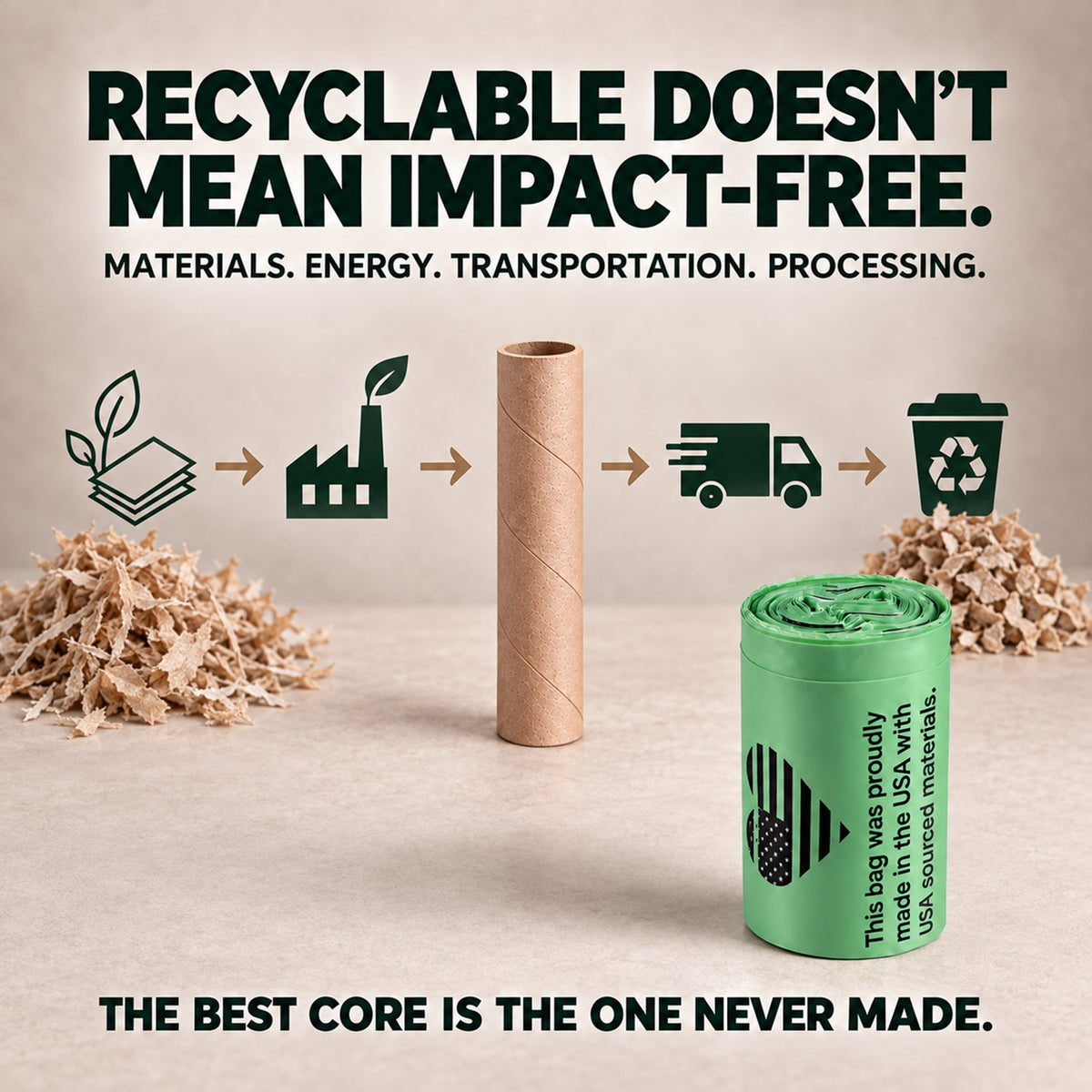 Cardboard core and poop bags roll beside icons for materials, manufacturing, shipping and recycling.